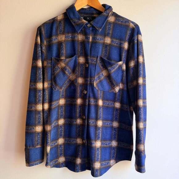 BCX Jackets & Blazers - BCX Oversized Blue and Brown Plaid Button-Up Flannel Shacket- Size Small